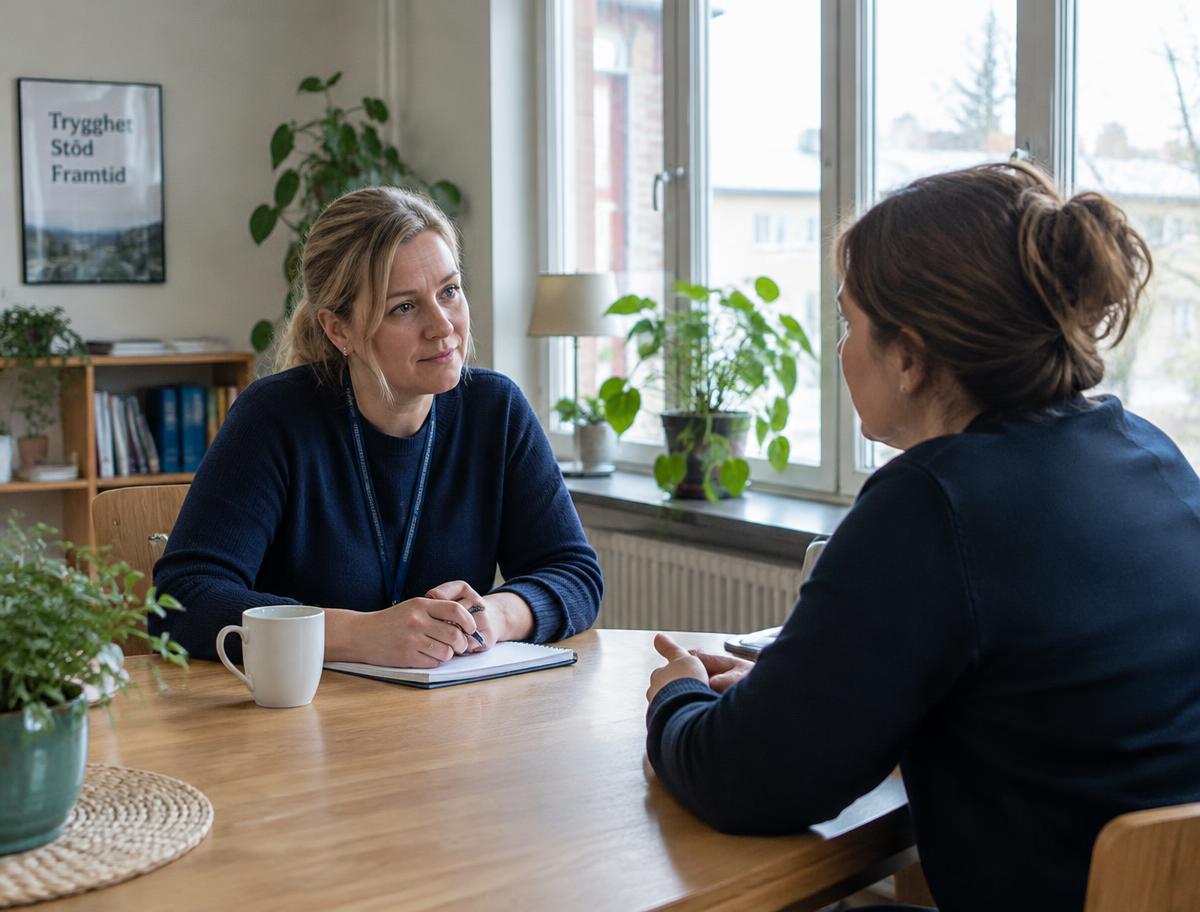 Två socialarbetare i samtal vid ett bord i ett ljust kontor
